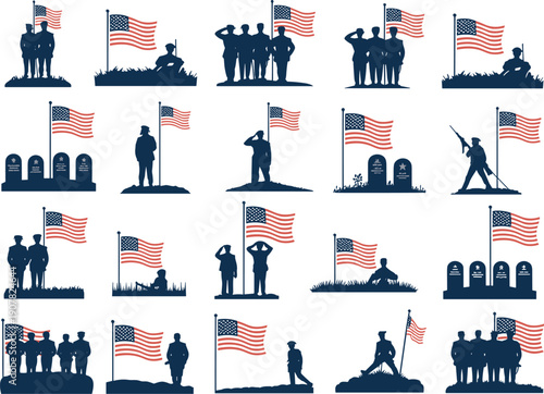 Military tribute silhouettes with American flags, patriotic theme, black vector illustration of soldiers saluting, memorials, and honoring fallen heroes