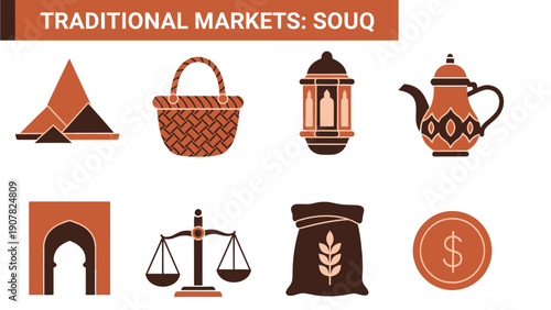 Eight brown and orange icons related to traditional Souq markets displayed in two rows