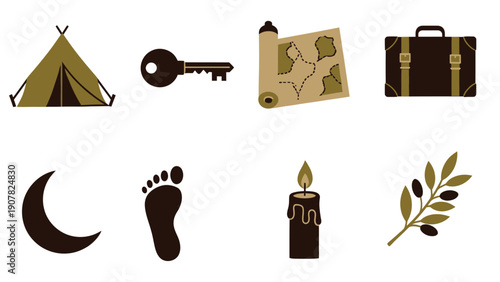 Eight distinct travel and adventure icons arranged in two rows on a white background