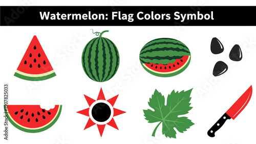 Graphic icons related to watermelon including fruit slices whole fruit seeds leaf symbol and knife