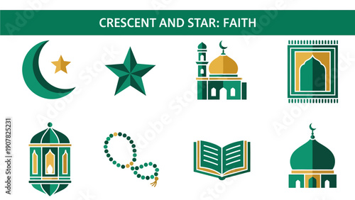 Icons related to Islamic faith including crescent star mosque lantern beads book and rug