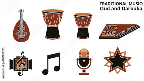 Icons related to Middle Eastern music Oud Darbuka drums keyboard and recording symbols