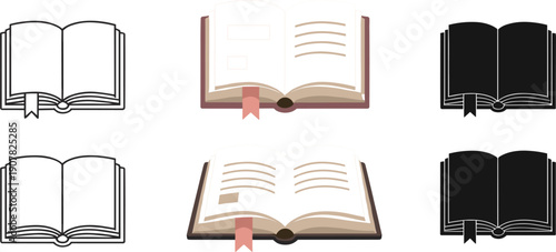 Open Book Icon Set in Outline, Flat, and Solid Styles for Reading, Education, Learning, Library, and Digital Interface Design Concepts