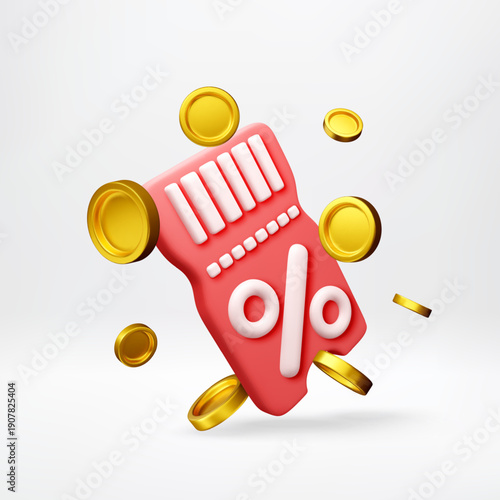 3D Red coupon with percent sign and coins. Discount voucher and promotional offer for online shopping. Marketing sales campaign. Vector illustration