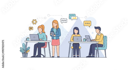 Flat line illustration of faceless people collaborating remotely with laptop and tablet, casual work environment