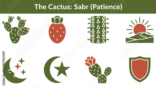 Slide titled The Cactus Sabr Patience featuring eight green and red graphic icons