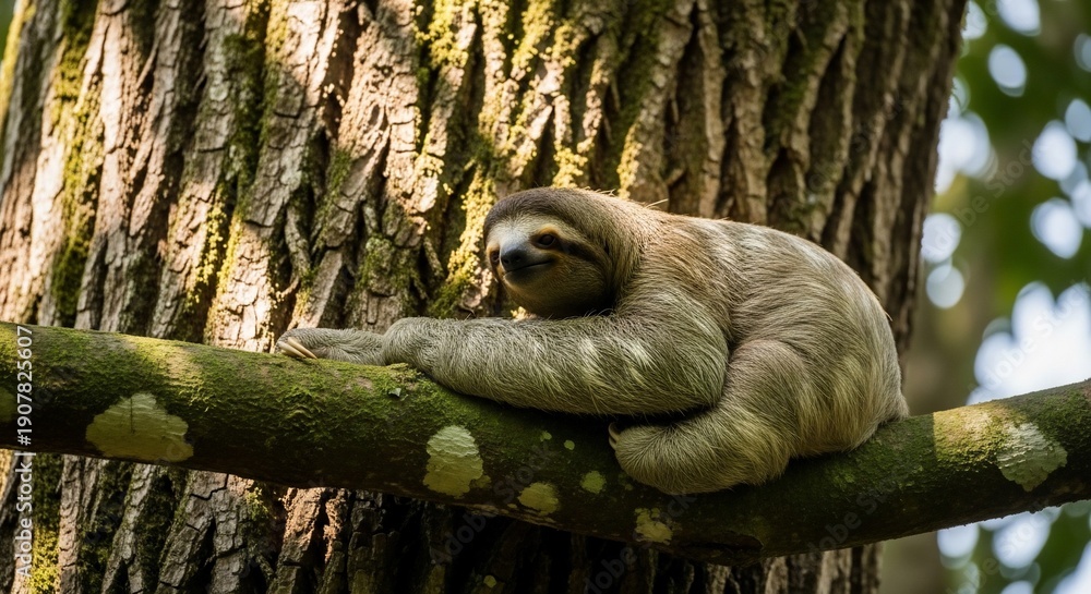Naklejka premium A peaceful sloth rests on a tree branch in its natural habitat.