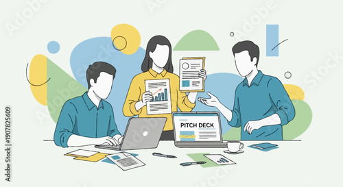 Flat line illustration of faceless founders preparing startup pitch with laptop and documents, abstract shapes