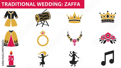 Twelve icons representing elements of a traditional wedding zaffa ceremony