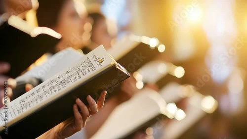 Choir performs uplifting music in a bright church during evening service