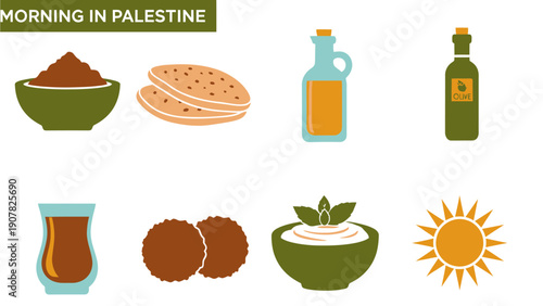 Illustration of Palestinian breakfast items including dips bread falafel tea oil and the sun