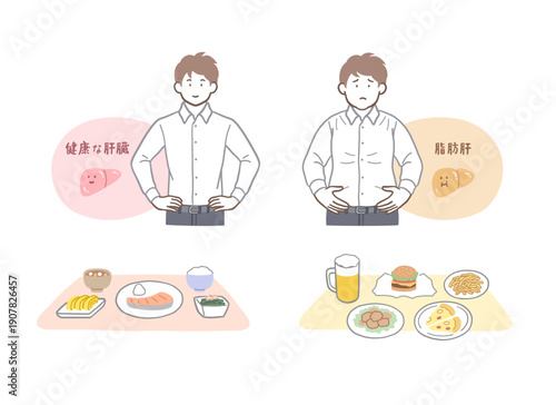 健康な肝臓と脂肪肝の男性のイラストセット