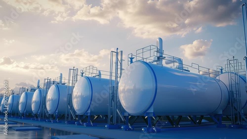 Large storage tanks for liquids at an industrial site in a clear sky