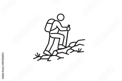 Person hiking with trekking pole on rugged outdoor trail surrounded by natural terrain