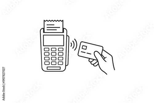 Payment terminal with a hand holding a credit card for contactless transaction