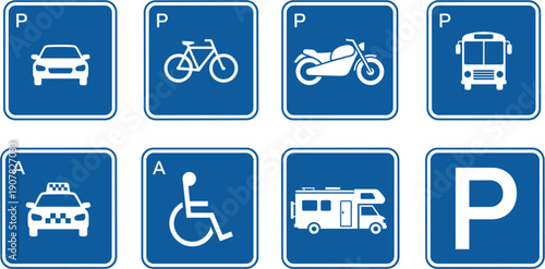 Parking Sign Icon Set with Car, Bicycle, Motorcycle, Bus, Taxi, Accessible, Camper, and Vehicle Symbols for Road and Navigation Design