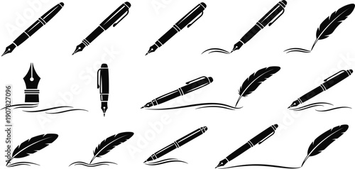 Pen and Quill Writing Icon Set in Black Silhouette Style for Calligraphy, Author, Literature, Signature, and Creative Writing Design Concepts