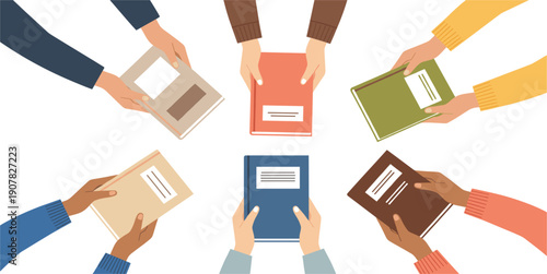 People Holding Books in Circle Illustration Representing Reading, Education, Learning Community, Knowledge Sharing, and Inclusive Study Concept