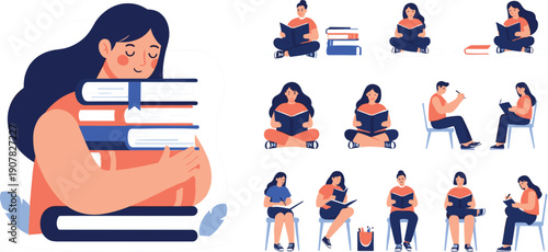People Reading and Studying Flat Illustration Set with Students, Book Lovers, Learning Habits, Education, Literacy, and Knowledge Lifestyle Concepts