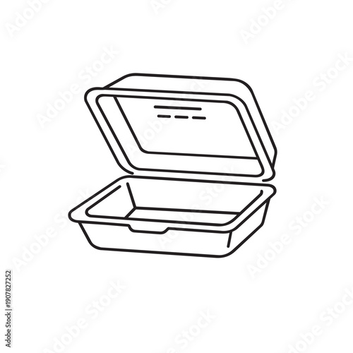 Open plastic takeout container with lid for food storage and serving isolated design