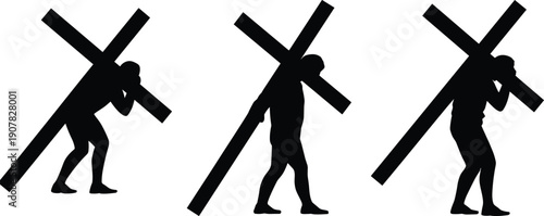 Jesus carrying cross silhouettes set Christian faith sacrifice suffering crucifixion journey religious symbol vector illustration isolated collection
