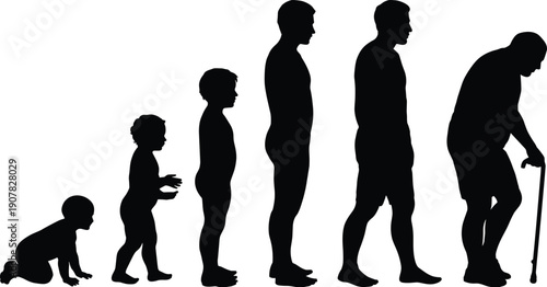Human life stages silhouette evolution, baby child adult senior aging progression timeline black flat vector illustration concept design