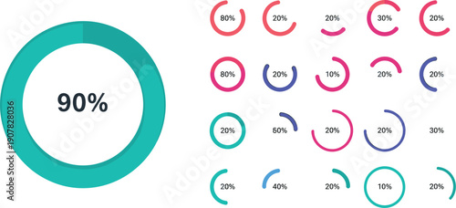 Percentage Circle Chart Infographic Vector Set with Donut Progress Indicators for Statistics, Data Visualization, Analytics, and Dashboard Design