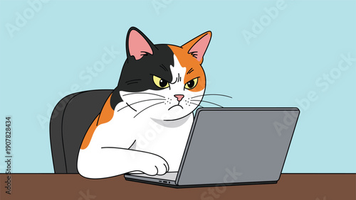 Grumpy calico cat sitting at a desk and typing on a laptop computer with an angry and frustrated facial expression.