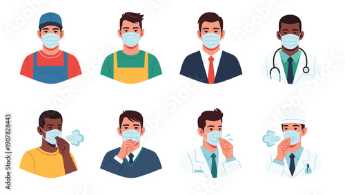 Set of eight male avatar icons wearing face masks with some showing cough symptoms for health awareness illustration.