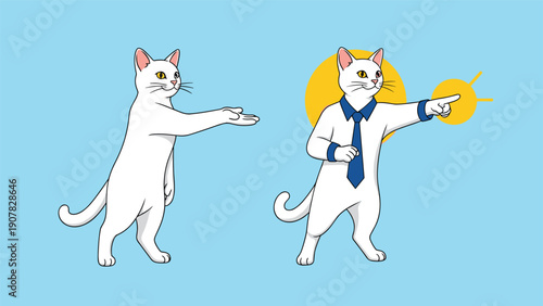 Two white cats in a business setting with one pointing forward and another standing in a professional posture.