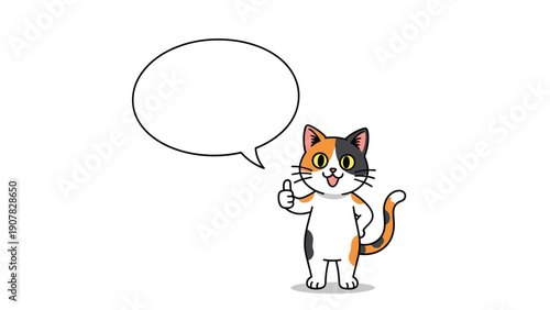Calico cat character giving a thumbs up gesture while standing next to a large empty white speech bubble on white.