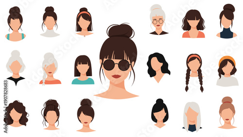 Diverse collection of female avatars showing a variety of hairstyles hair colors and accessories like sunglasses.