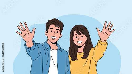 Young man and woman waving their hands with friendly smiles against a light blue background in a flat design style.