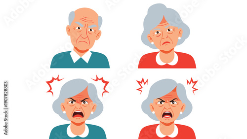 Four faces of elderly people showing various levels of anger frustration and disappointment in a flat design.