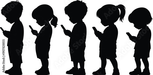 Kids using smartphones silhouette, children mobile phone addiction concept, screen time behavior, digital childhood technology, black flat vector illustration