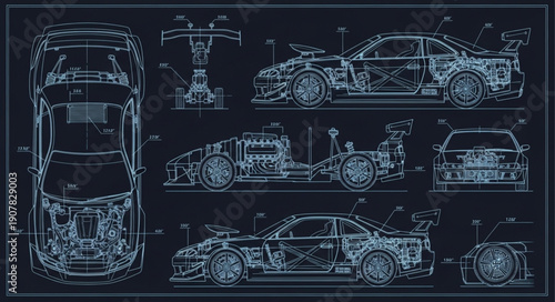 Car Technical Drawings Blueprints Illustration.