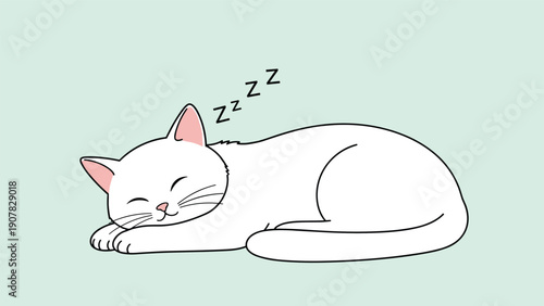 Adorable white cat sleeping comfortably on its side with zzz symbols above its head in a cute and simple cartoon illustration.