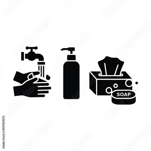 Essential Sanitization Icons Including Tissues and Hand Washing