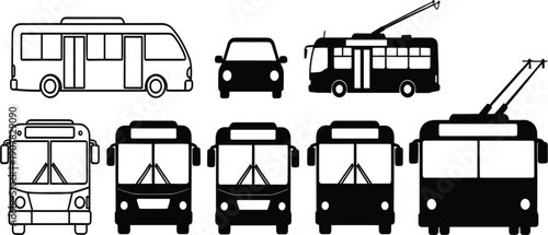 Public Transportation Vehicle Silhouette Icon Set with Bus, Trolleybus, Car, and Front View Transit Symbols for Urban Mobility Design