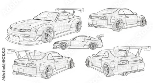 Car Technical Drawings Multiple Views.