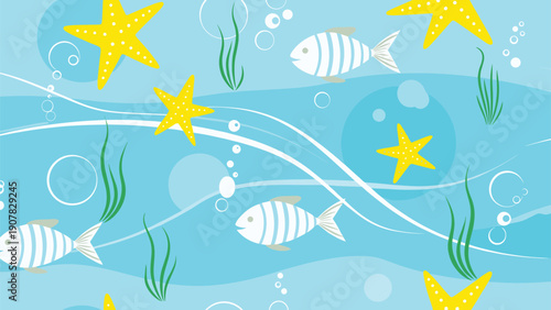 Seamless underwater pattern featuring yellow starfishes blue striped fish and green seaweed on a wavy light blue background.