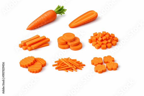 Carrot Culinary Journey: A vibrant depiction of carrots, meticulously sliced and diced in a visually appealing array, highlighting the versatility of the root vegetable for culinary application.