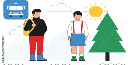 School Children Waiting at Bus Stop Outdoors with Backpack, Transportation Icon, Sunny Day, and Flat Character Illustration for Education Concept