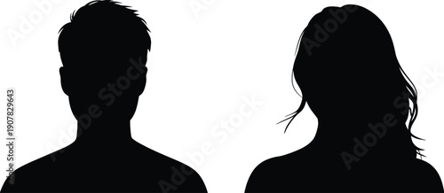 Man and woman head silhouette portraits, male female anonymous profiles identity concept black flat vector illustration design minimal modern icon