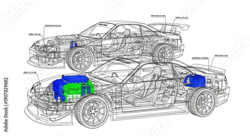 Car Technical Drawing with Highlighted Parts.