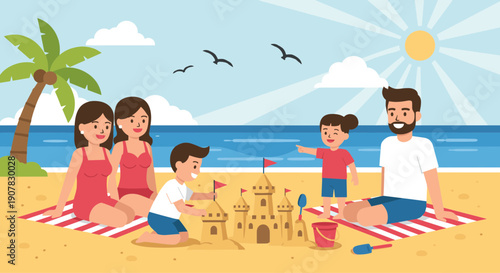 Family Beach Day with Sandcastle Building