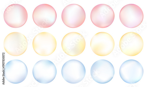 つや感のある円形ベクターアイコンセット。ピンク色、黄色、水色の3色展開。