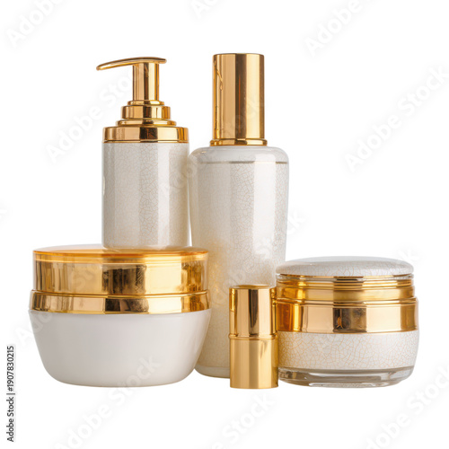 Luxury cosmetic packaging set, white and gold skincare bottles and cream jars, elegant beauty product mockup for branding isolated on Transparent Background