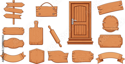 Wooden Objects Vector Illustration Set with Rustic Signboards Door Kitchen Cutting Board Rolling Pin and Decorative Wooden Elements for Vintage Designs