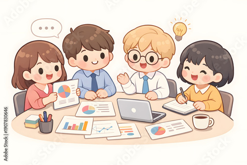 Cute business team brainstorming meeting and data analysis collaboration illustration
